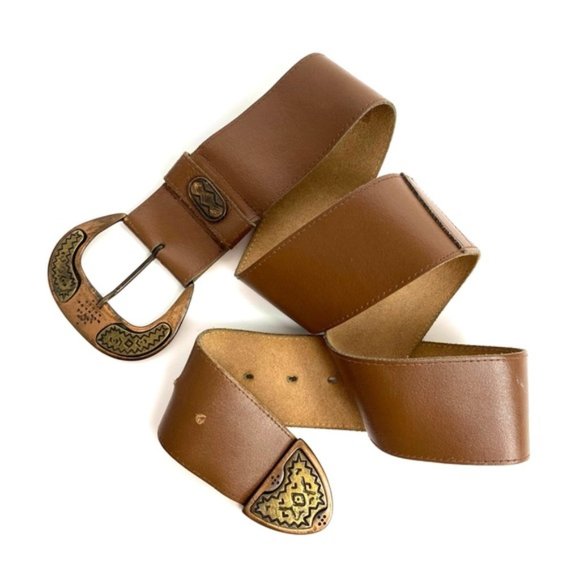 Vintage Accessories 9s Leather Copper Brass Southwestern Aztec Embossed Belt Brown Poshmark